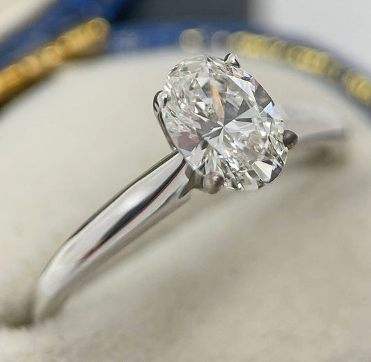 Diamond Ring Solitaire Oval 0.85 Carats 14ct White Gold Size K BA24