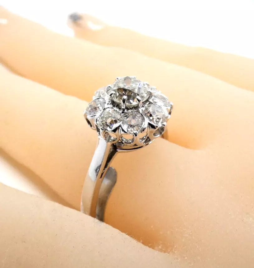 Diamond Ring Old Mine Cut Antique Vintage Cluster 2.80 Carats White Gold BA161
