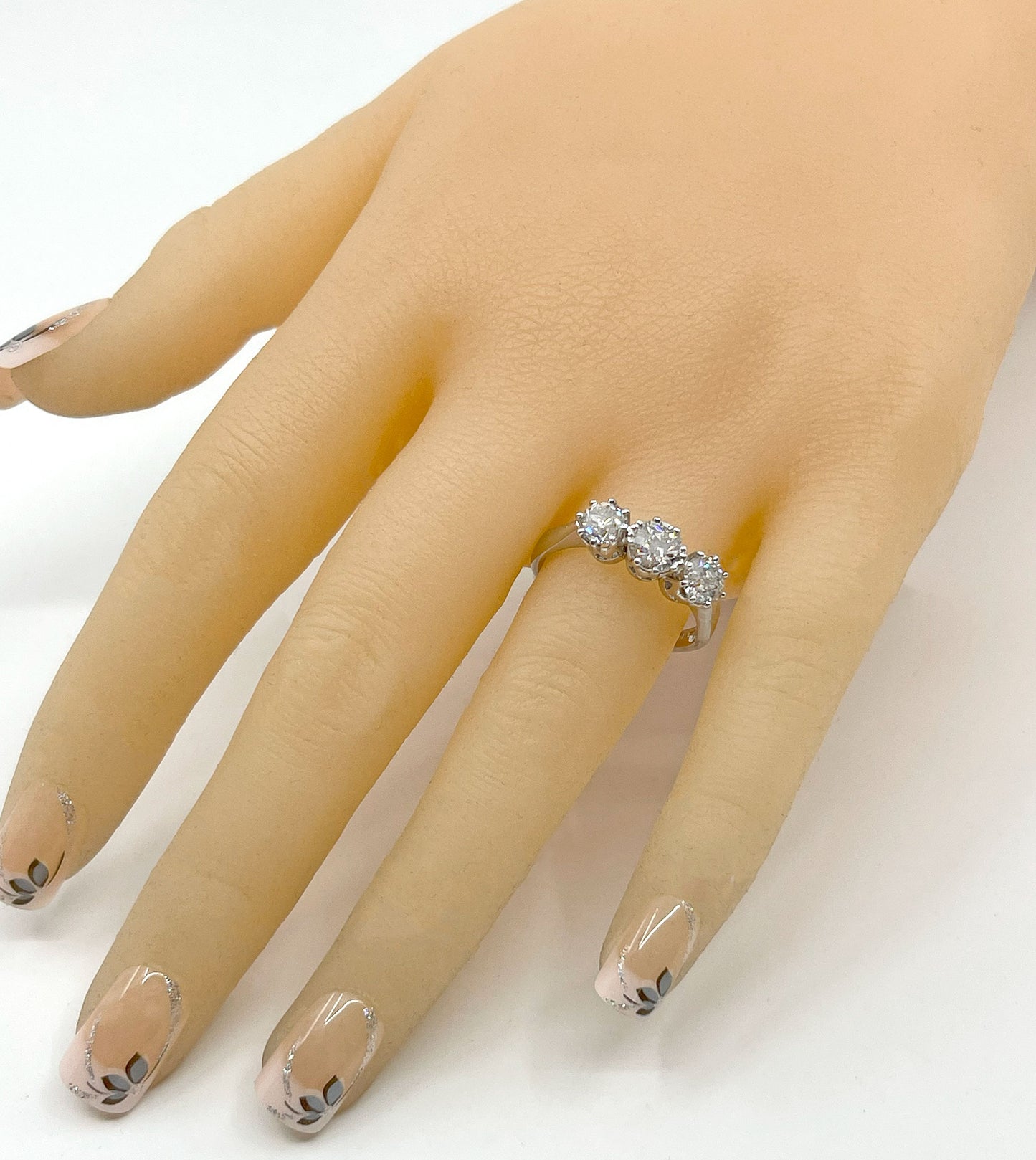 Diamond Ring 3 Stone Trilogy Old Cut 1.5 Carats 18ct White Gold Size O BA338