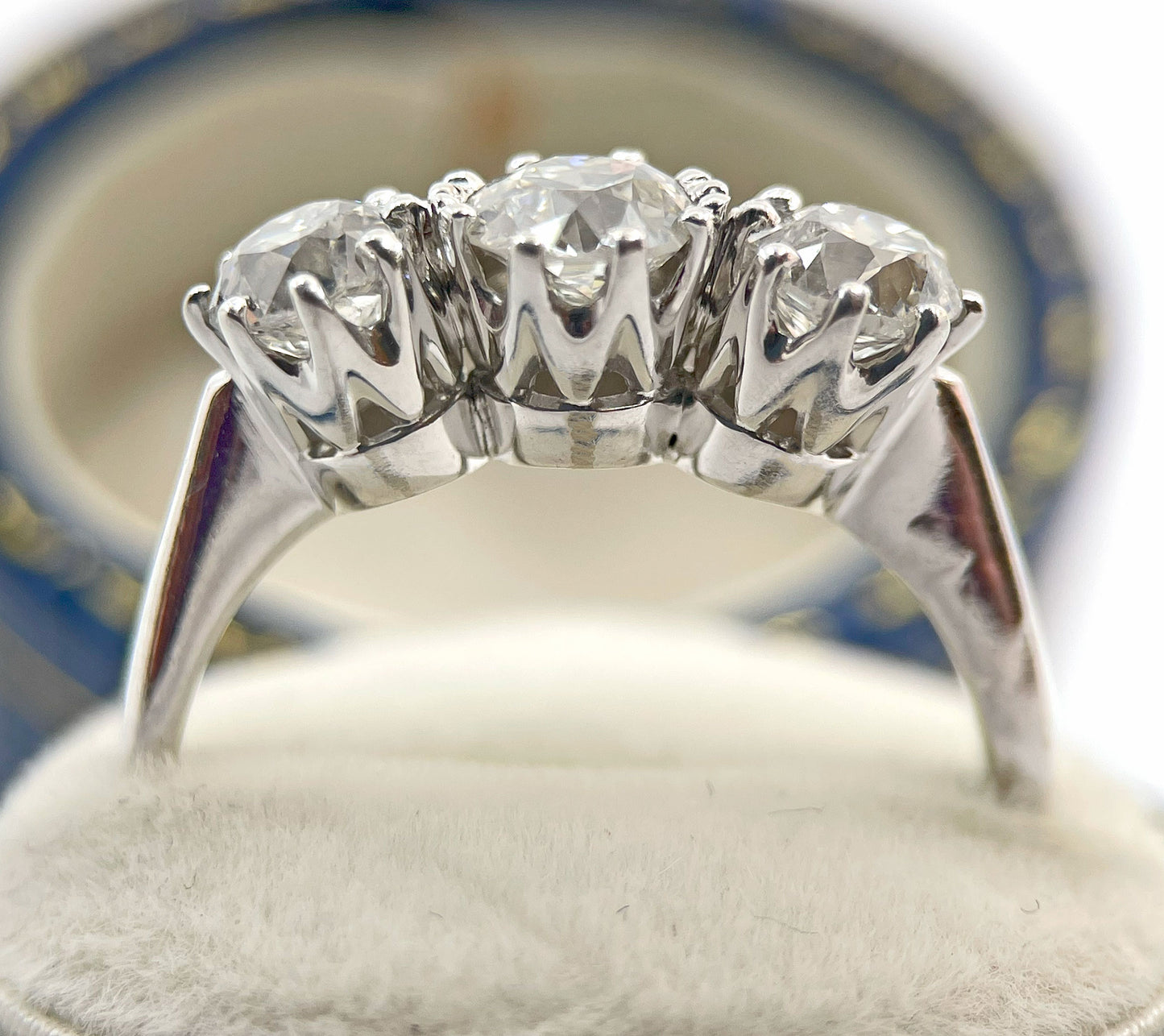 Diamond Ring 3 Stone Trilogy Old Cut 1.5 Carats 18ct White Gold Size O BA338