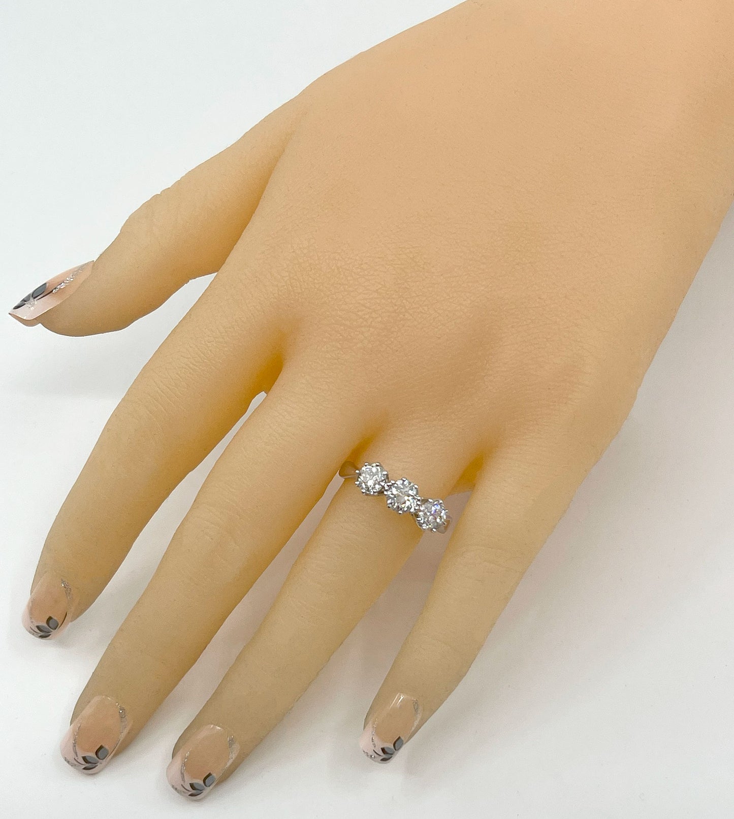 Diamond Ring 3 Stone Trilogy Old Cut 1.5 Carats 18ct White Gold Size O BA338