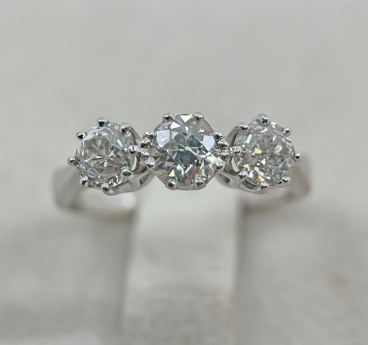 Diamond Ring 3 Stone Trilogy Old Cut 1.5 Carats 18ct White Gold Size O BA338