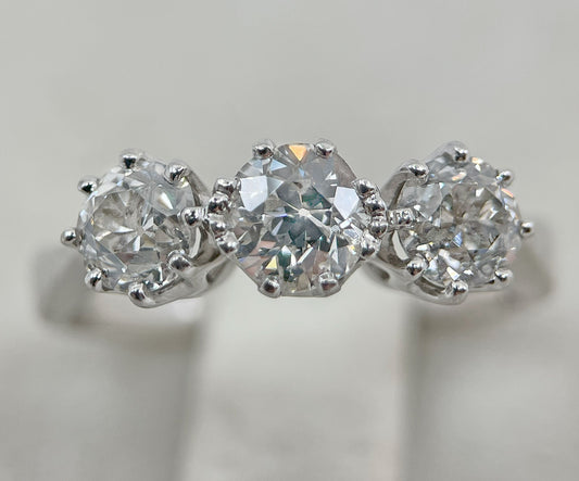 Diamond Ring 3 Stone Trilogy Old Cut 1.5 Carats 18ct White Gold Size O BA338