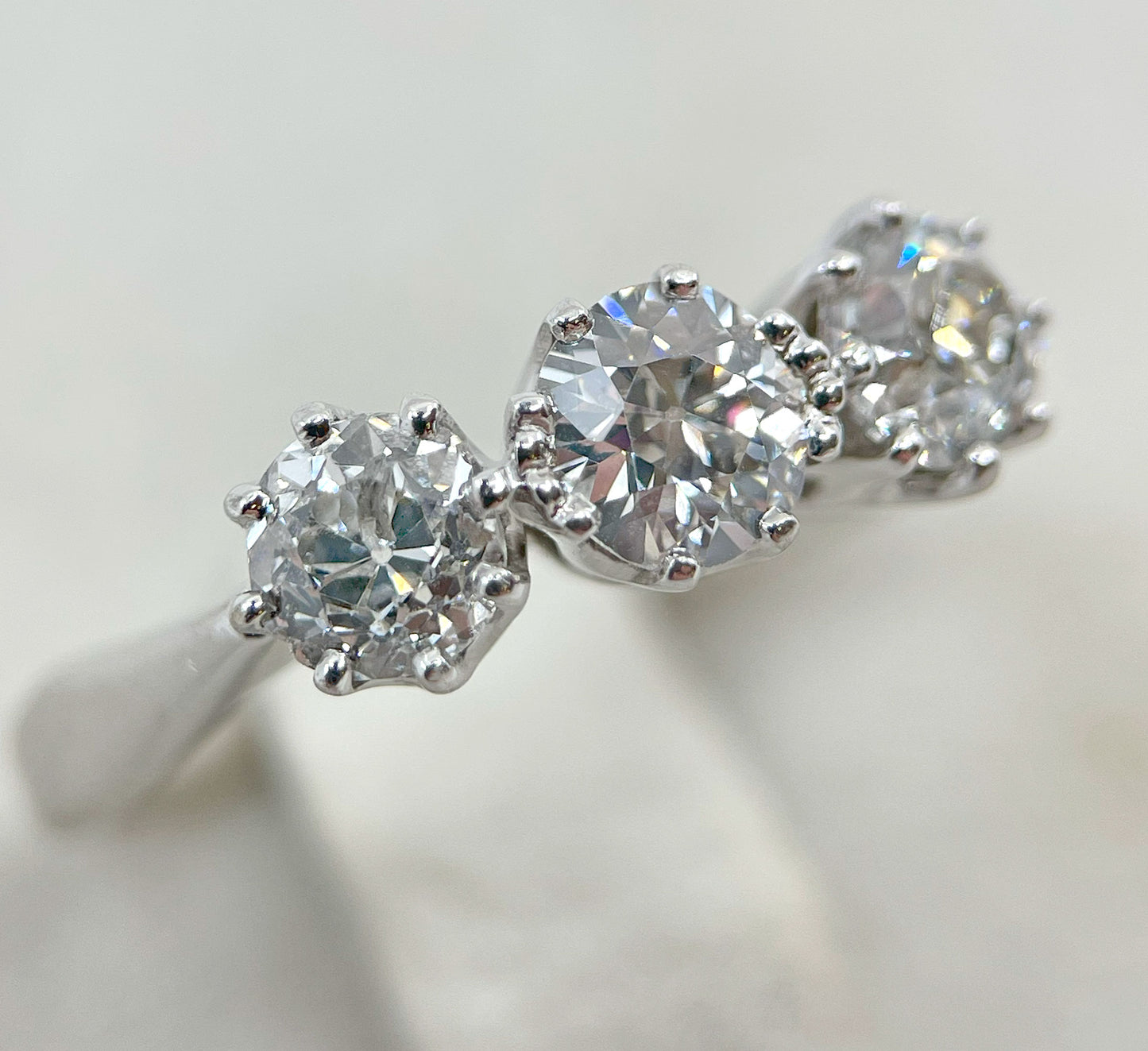 Diamond Ring 3 Stone Trilogy Old Cut 1.5 Carats 18ct White Gold Size O BA338