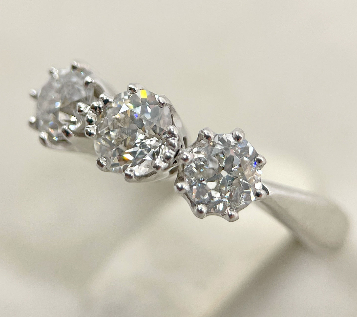 Diamond Ring 3 Stone Trilogy Old Cut 1.5 Carats 18ct White Gold Size O BA338