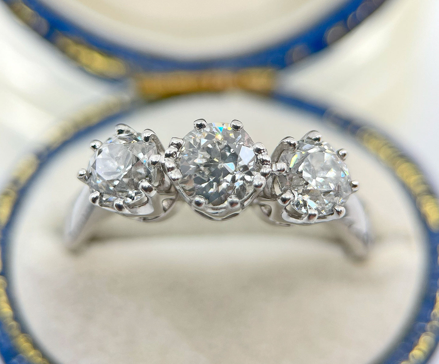 Diamond Ring 3 Stone Trilogy Old Cut 1.5 Carats 18ct White Gold Size O BA338