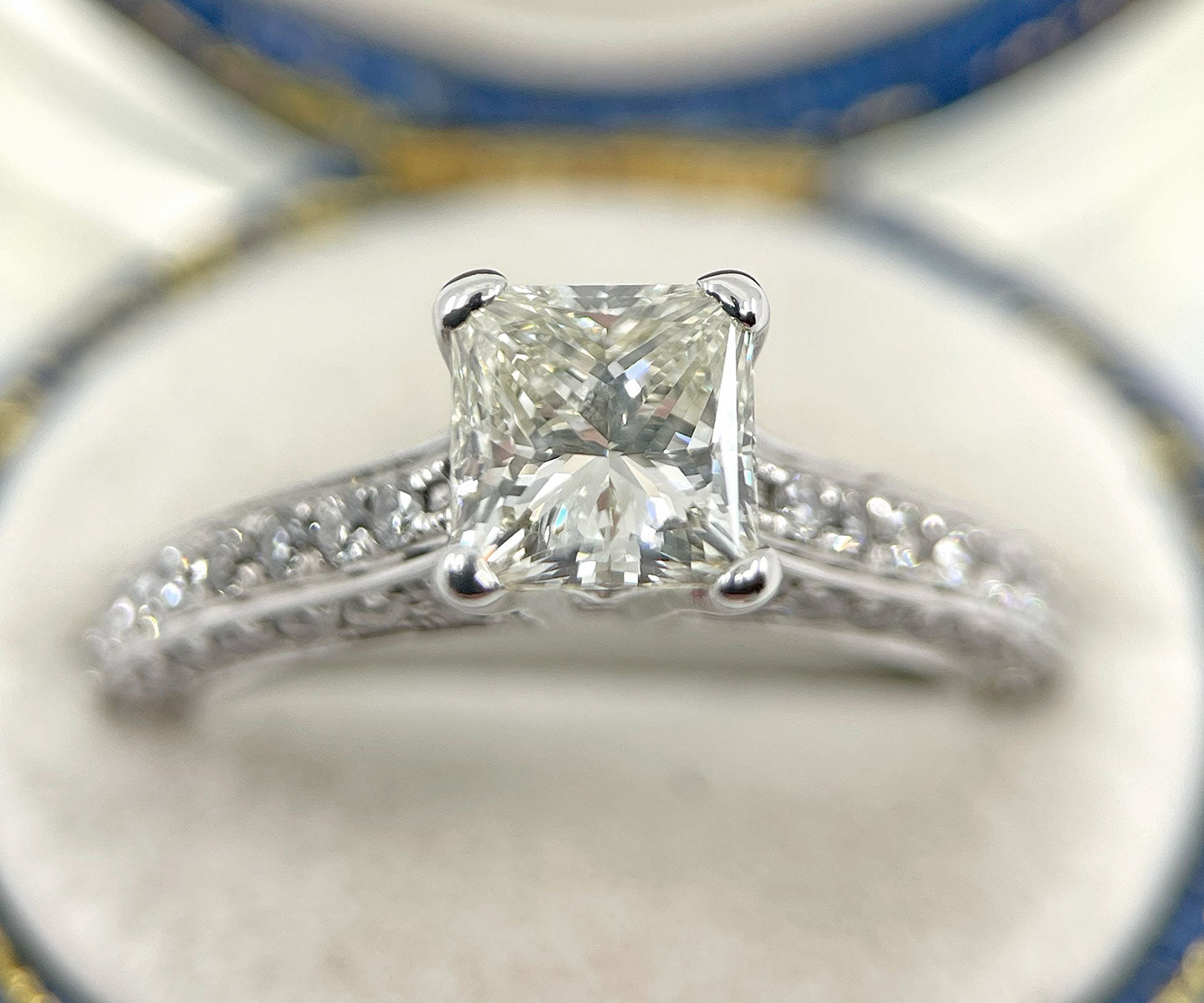 Diamond Ring Solitaire Princess Square Pave 2 carats 18ct White Gold BA336