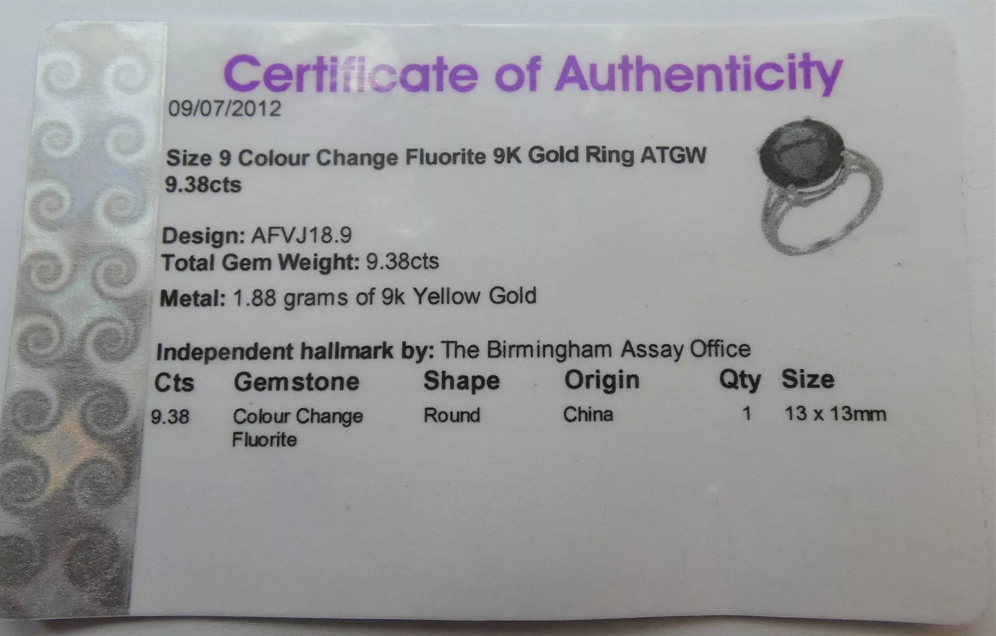 Fluorite Ring Colour Change MASSIVE 9.38 Carats 9ct Yellow Gold SIZE S BA32