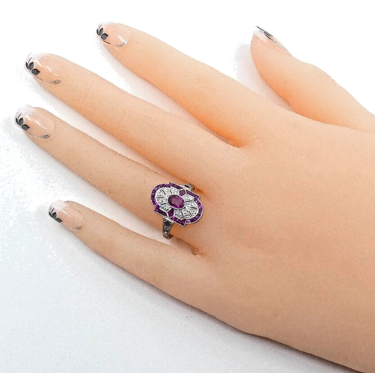 Platinum Ruby Diamond Ring Art Deco Style Size M1/2 BA159