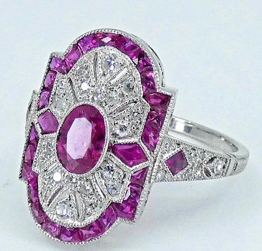 Platinum Ruby Diamond Ring Art Deco Style Size M1/2 BA159