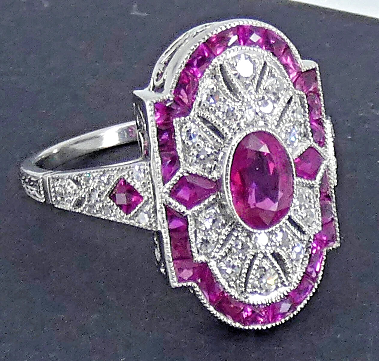 Platinum Ruby Diamond Ring Art Deco Style Size M1/2 BA159