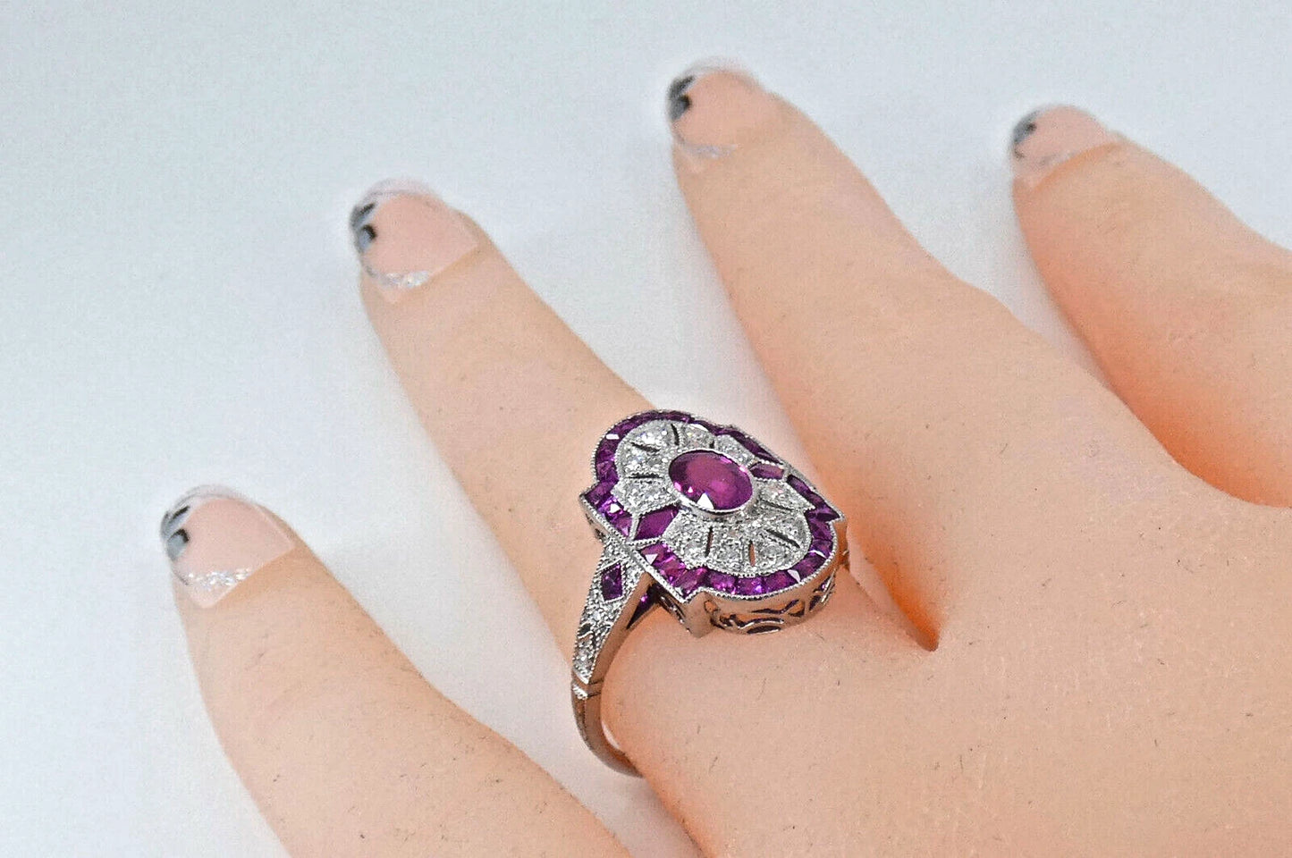 Platinum Ruby Diamond Ring Art Deco Style Size M1/2 BA159