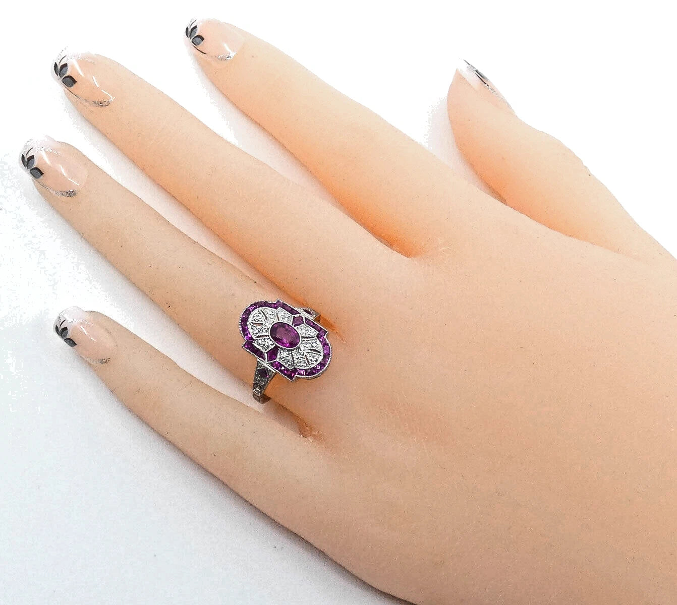 Platinum Ruby Diamond Ring Art Deco Style Size M1/2 BA159