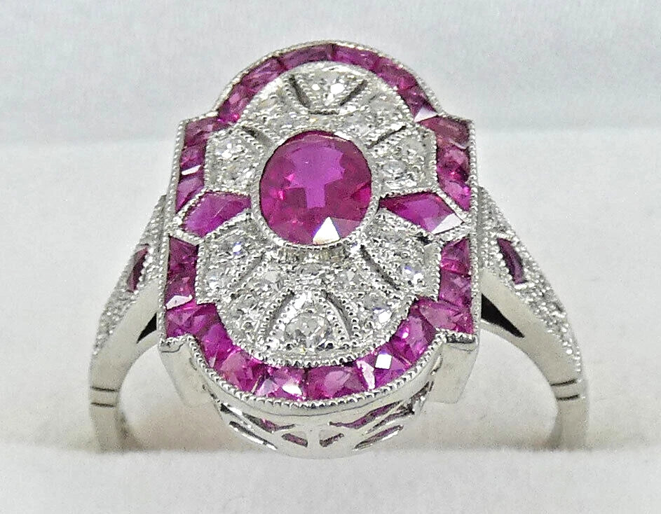Platinum Ruby Diamond Ring Art Deco Style Size M1/2 BA159