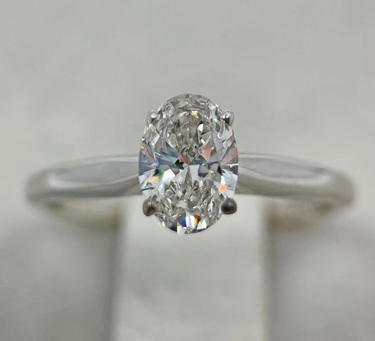 Diamond Ring Solitaire Oval 0.85 Carats 14ct White Gold Size K BA24