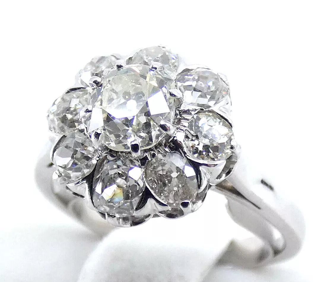 Diamond Ring Old Mine Cut Antique Vintage Cluster 2.80 Carats White Gold BA161