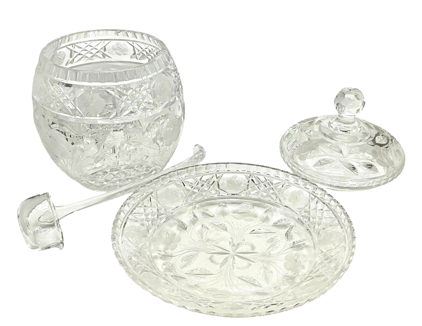VINTAGE CUT LEAD CRYSTAL PUNCHBOWL & COVER OF LARGE PROPORTION WITH LADLE& PLATE