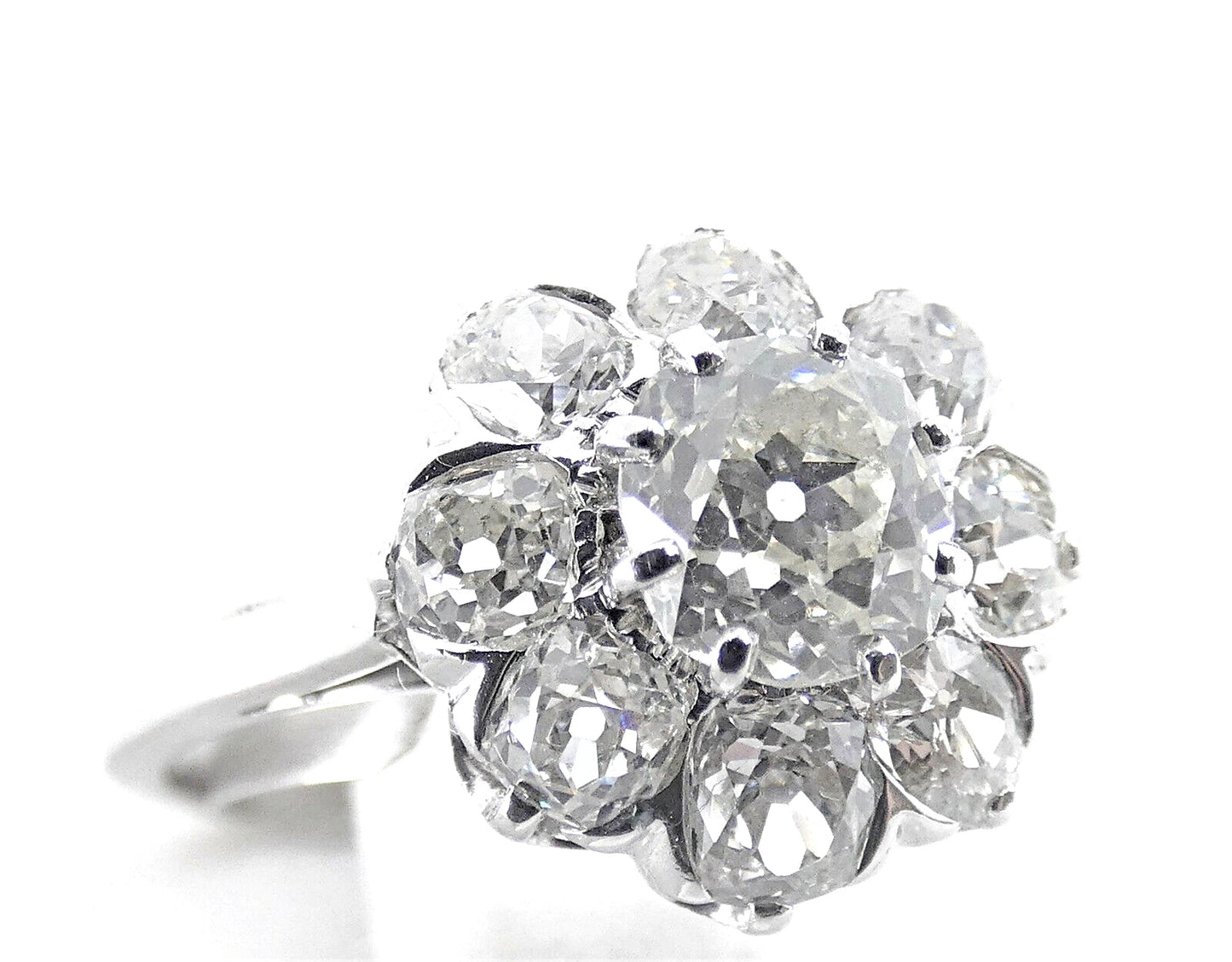 Diamond Ring Old Mine Cut Antique Vintage Cluster 2.80 Carats White Gold BA161