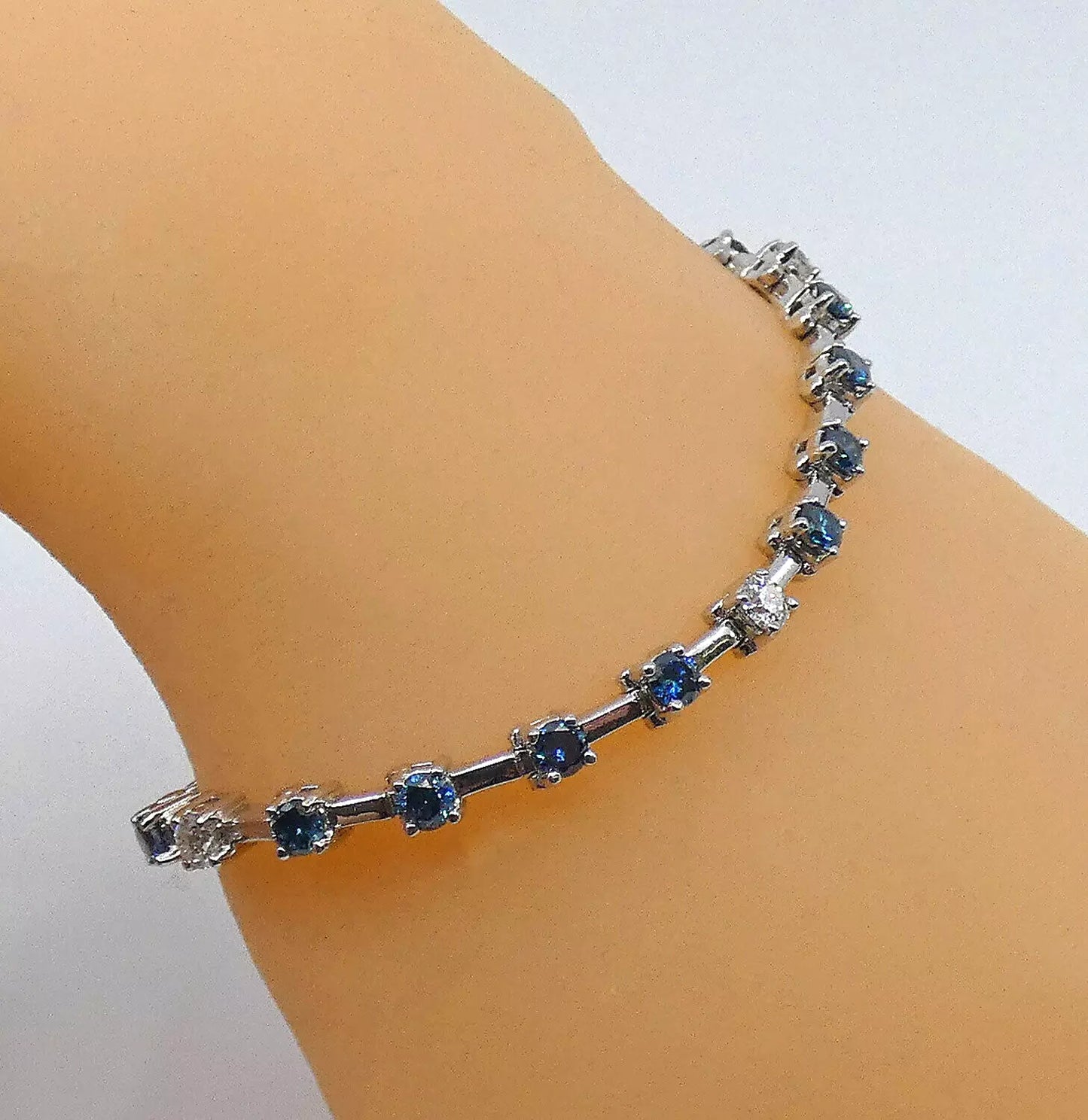 Diamond Bracelet 4.5 Carats Tennis Line Blue White Gold 7 inches BA221