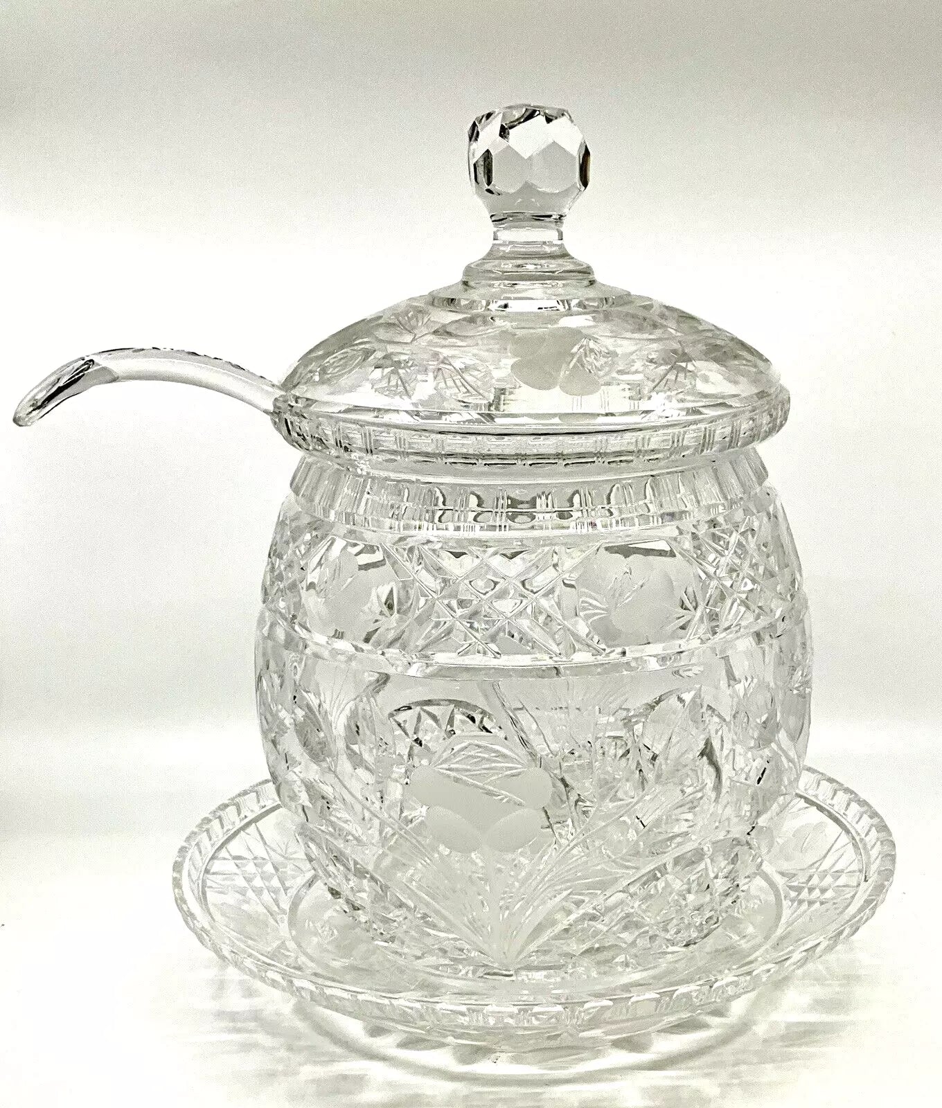 VINTAGE CUT LEAD CRYSTAL PUNCHBOWL & COVER OF LARGE PROPORTION WITH LADLE& PLATE