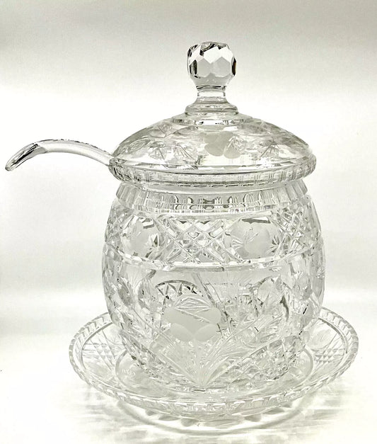 VINTAGE CUT LEAD CRYSTAL PUNCHBOWL & COVER OF LARGE PROPORTION WITH LADLE& PLATE