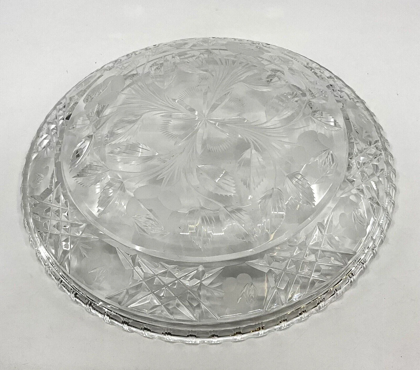 VINTAGE CUT LEAD CRYSTAL PUNCHBOWL & COVER OF LARGE PROPORTION WITH LADLE& PLATE