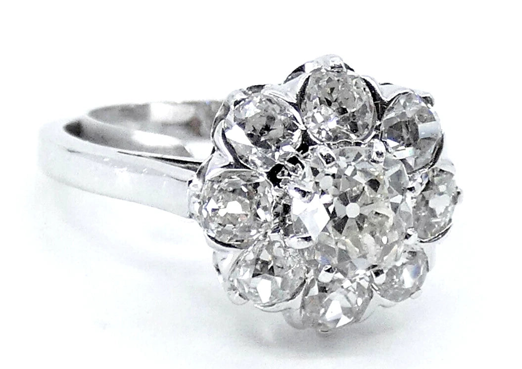 Diamond Ring Old Mine Cut Antique Vintage Cluster 2.80 Carats White Gold BA161
